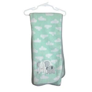 Cloud Island Elephant Fleece Baby Blanket Green Grey Trim  Clouds Gray Trim